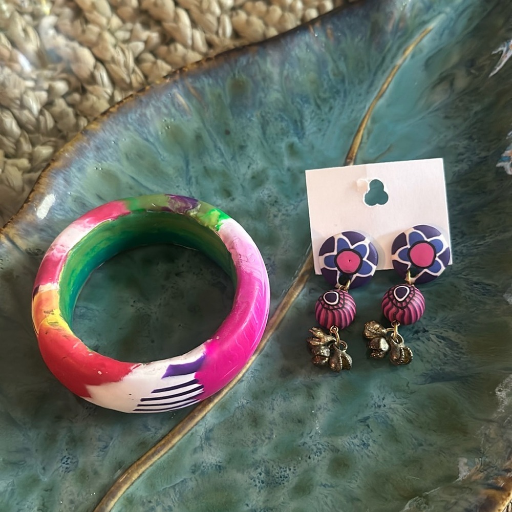 Vintage Multi Colored Boho Style Clay Handmade Bracelet with Matching Earrings